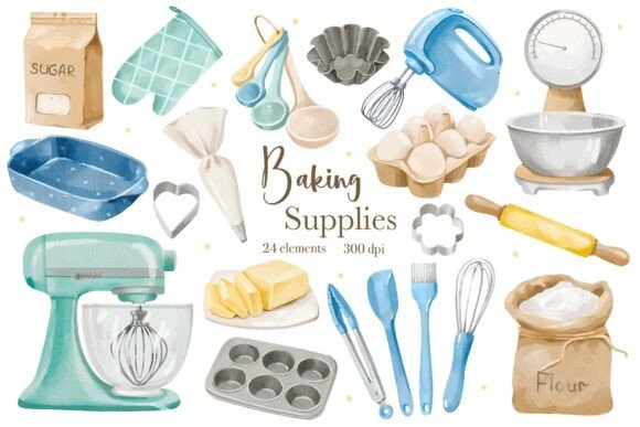 Download Watercolor Baking Supplies Clipart - Baking Collection